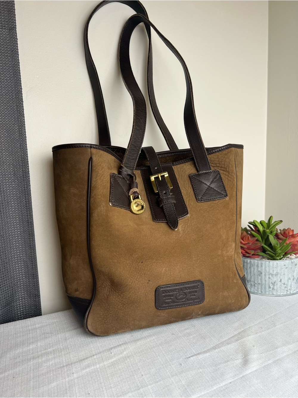 Dooney & Bourke Vintage USA-Made Tan Suede Tote with Dark Brown Leather Trim